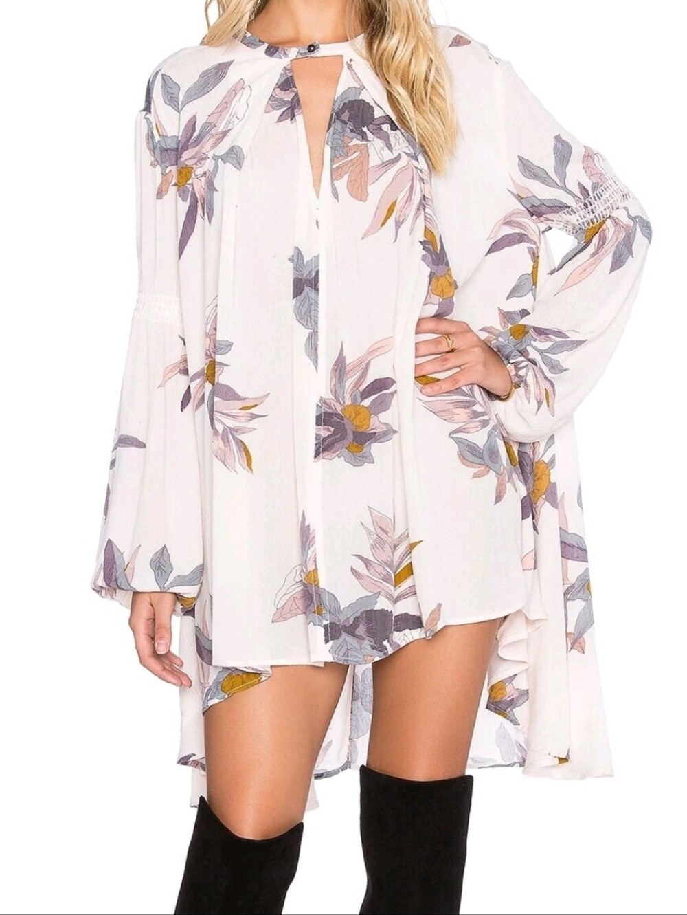 Free People Tree Swing Pearl Combo Floral Tunic Top / Mini Dress Keyhole Sz S